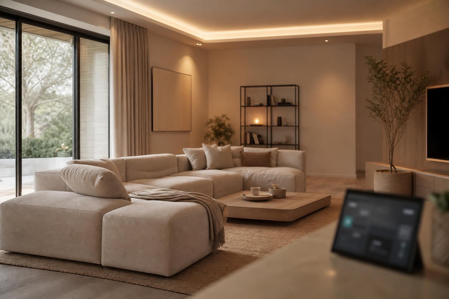 Salon moderne avec éclairage connecté doux, décoration aux teintes nude et mobilier modulable