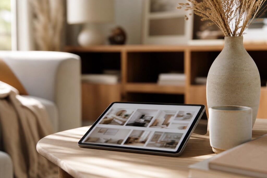 Salon moderne et chaleureux avec une tablette affichant un magazine de décoration en ligne, dans des tons nude et un éclairage doux.