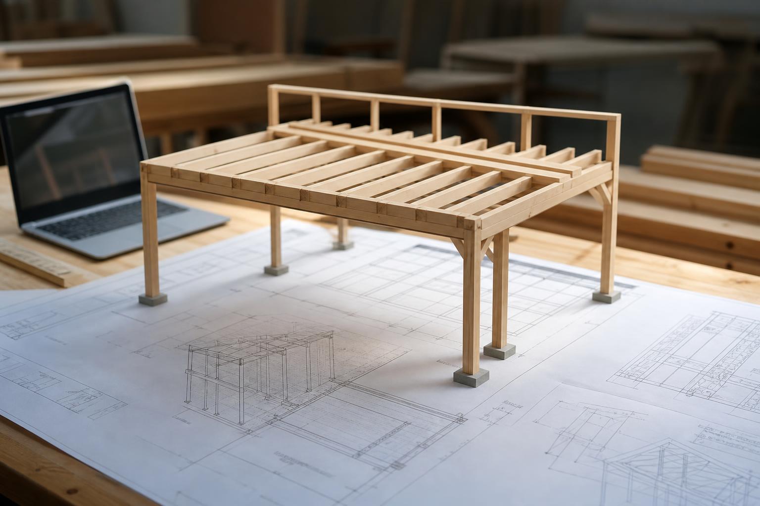 Schéma technique d'une ossature de mezzanine bois avec poteaux, poutres et solives