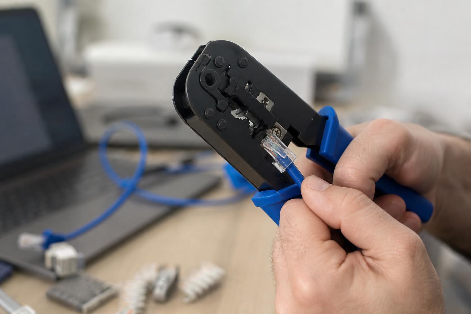 Sertissage d'une fiche RJ45 transparente sur un câble Ethernet à la pince