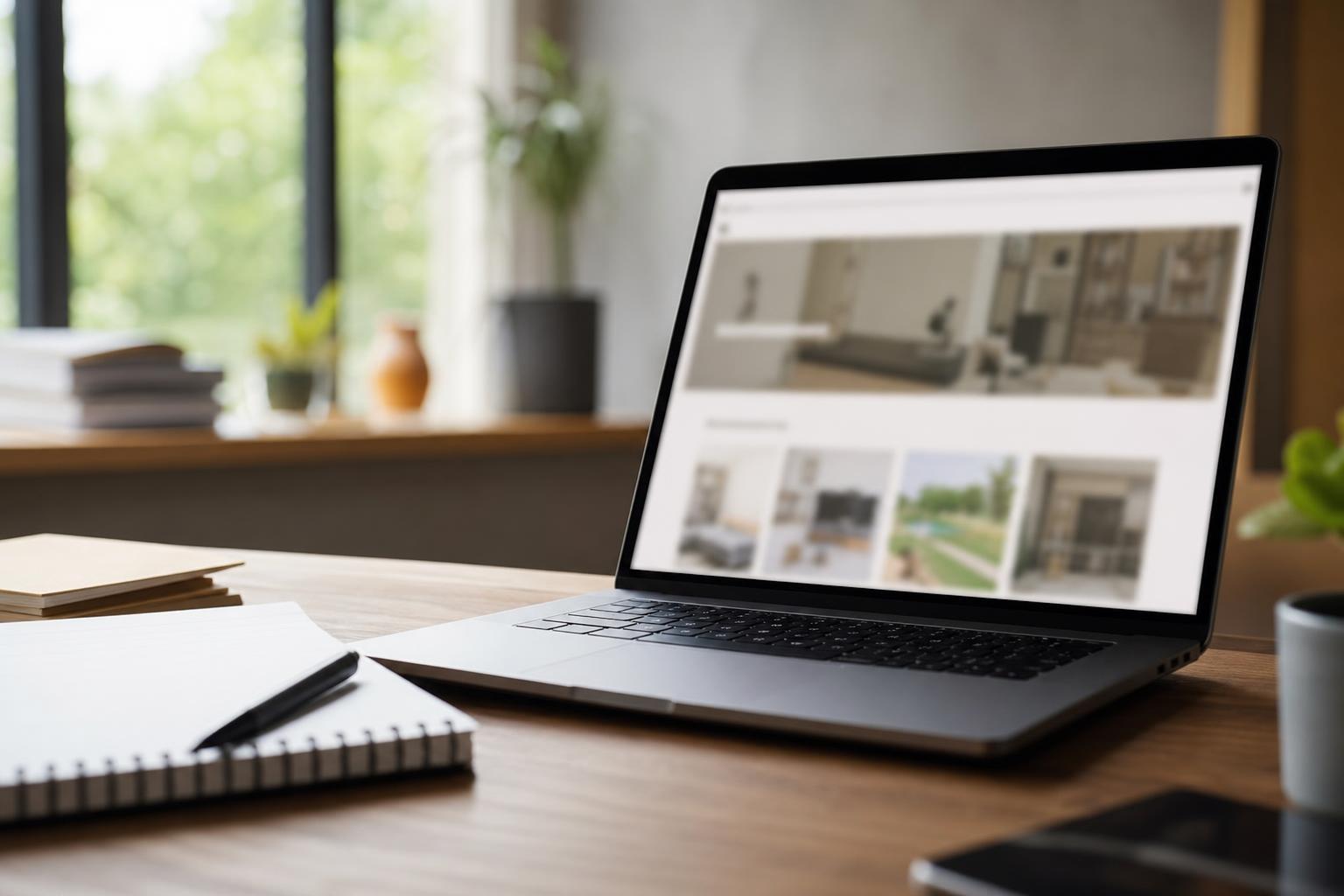 Site de conseils travaux affiché sur un ordinateur portable, posé sur un bureau à côté d'un carnet
