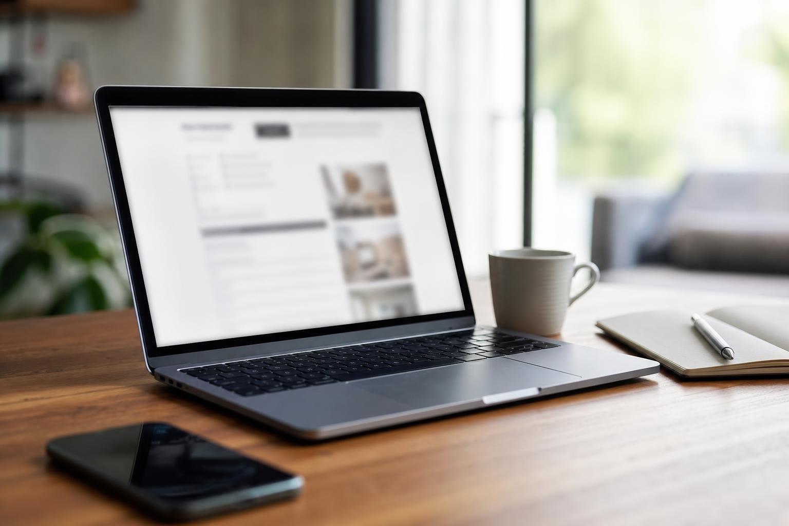 Site de demande de devis de rénovation affiché sur un ordinateur portable, sur une table avec un carnet