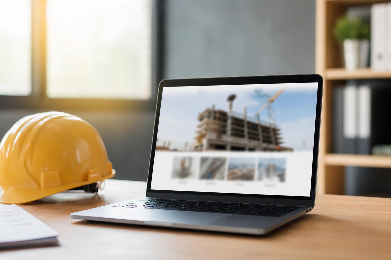 Site web dédié au BTP affiché sur un ordinateur portable, avec un casque de chantier posé à côté