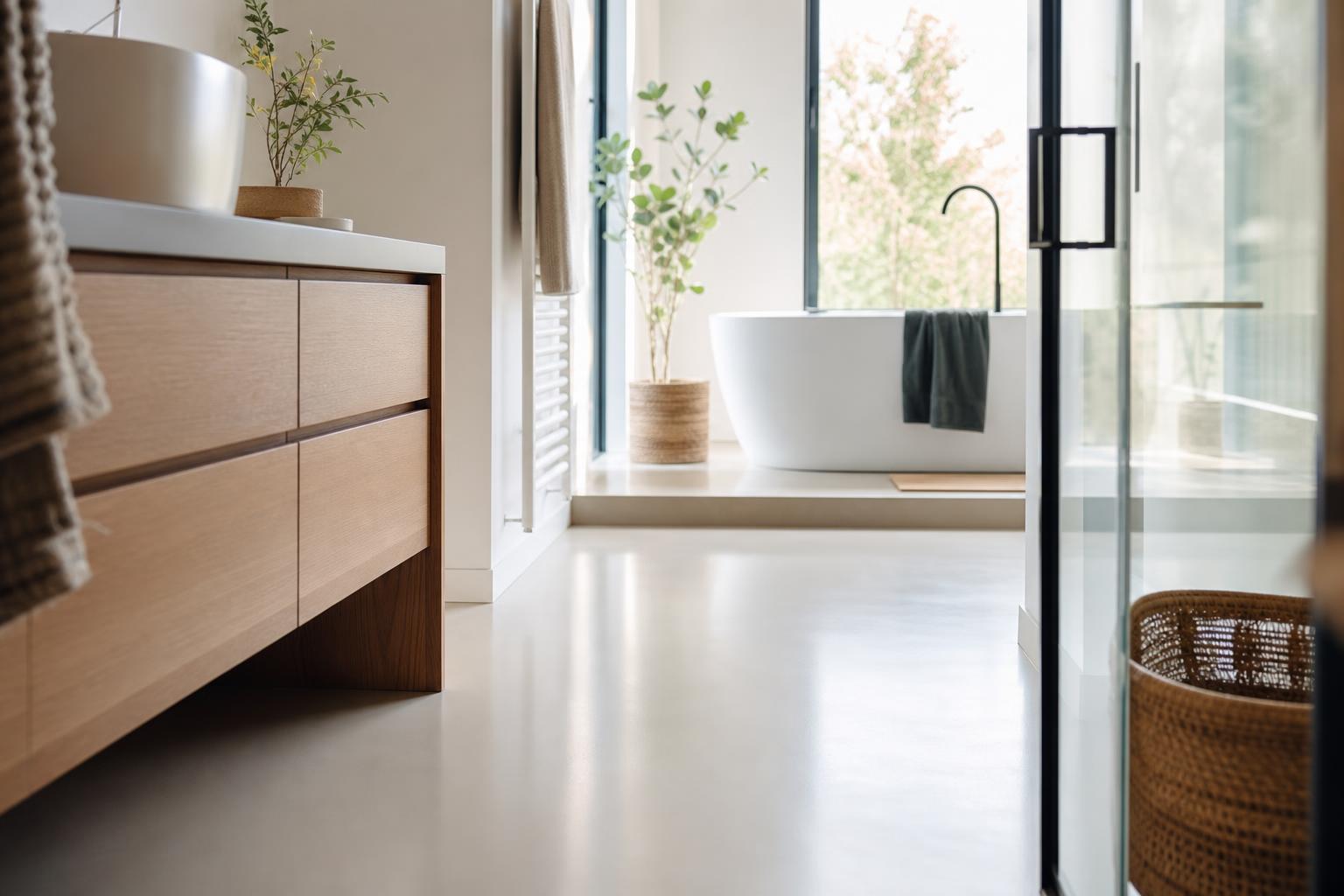 Sol peint propre dans une salle de bains lumineuse après rénovation