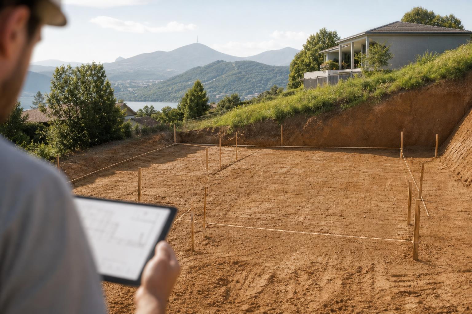 Terrain argileux en pente prêt à recevoir des fondations adaptées
