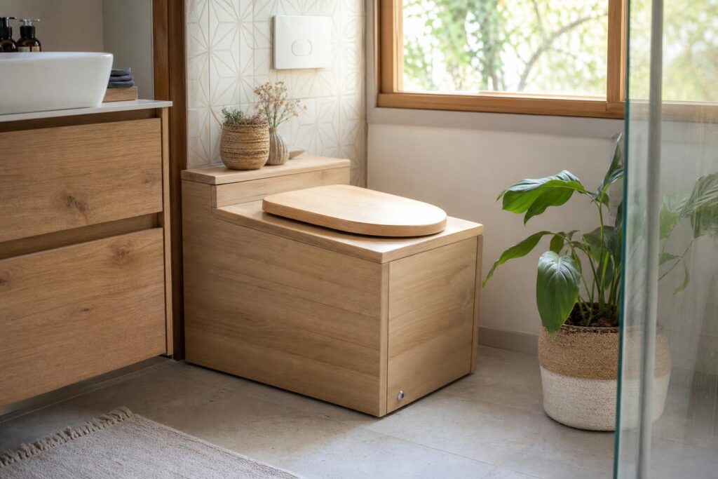 Toilette sèche à litière habillée d'un caisson en bois clair dans une salle de bains lumineuse.