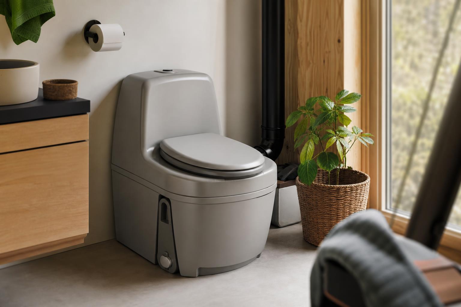 Toilette sèche compacte à séparation posée dans une petite salle de bains