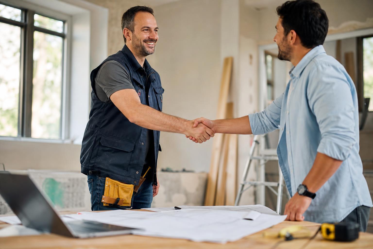 Un artisan et un propriétaire se serrent la main au-dessus de plans de rénovation sur une table