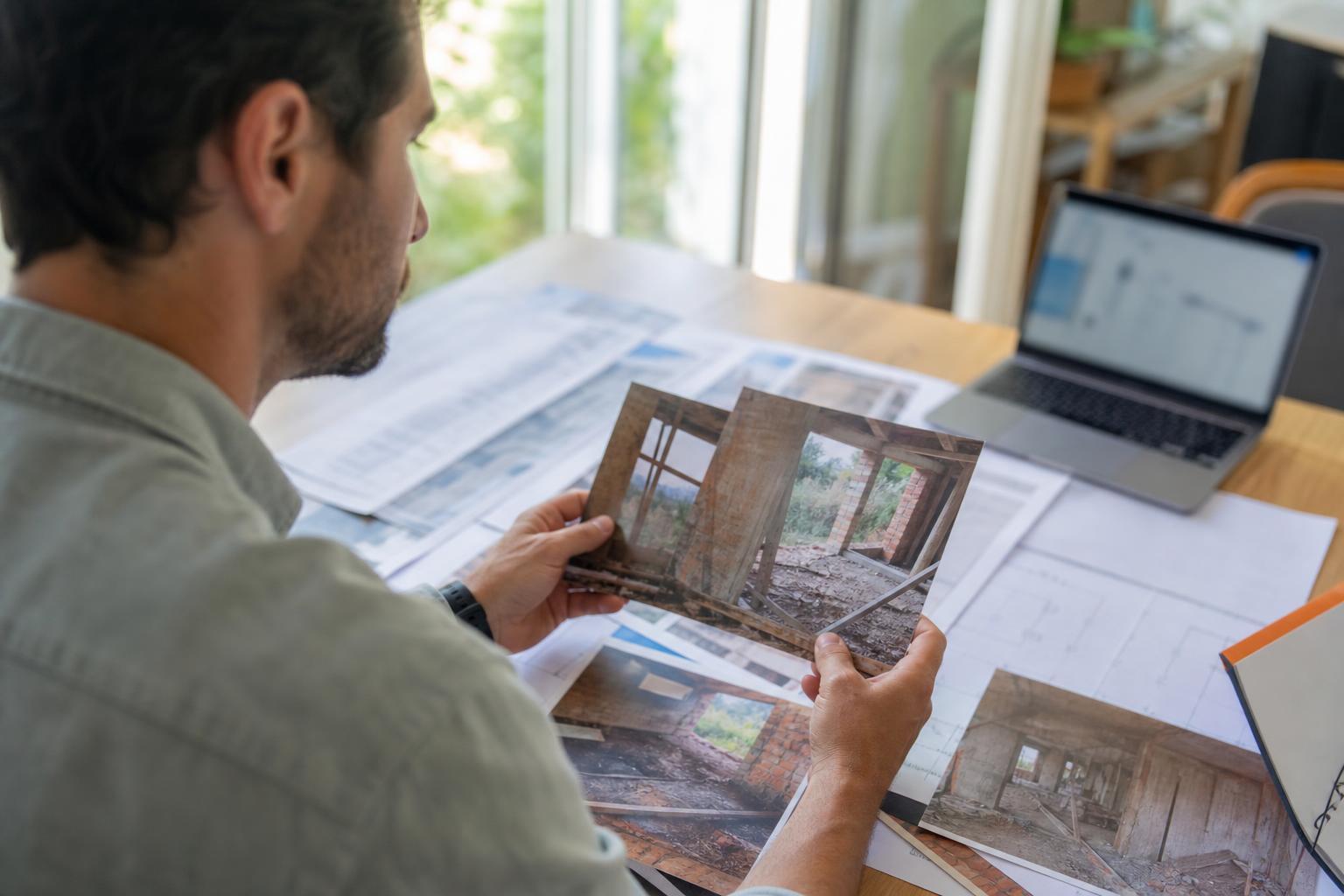 Un particulier examine des documents et des photos d'un chantier inachevé, à une table