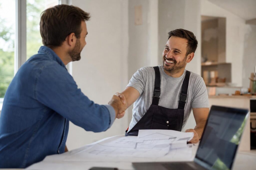 Un particulier serre la main d'un artisan en examinant un devis et des plans de rénovation à la maison.
