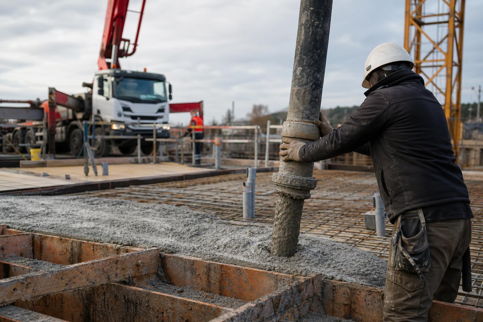 Une pompe à béton dépose le béton frais directement dans le coffrage d'une dalle